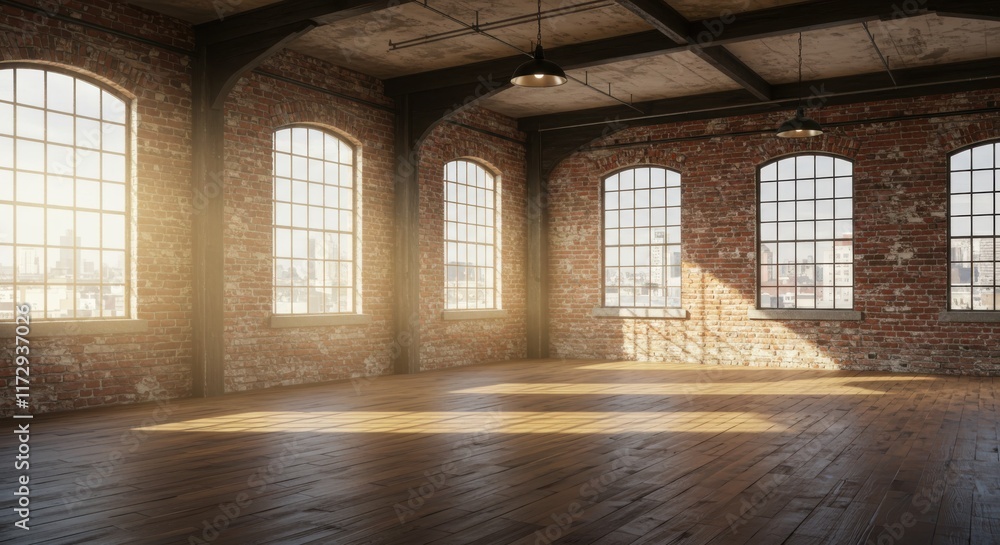 Fototapeta premium Large industrial loft space, sunlit interior, wooden floors, exposed beams, multiple tall windows, empty room, sunbeams streaming through windows, atmospheric dust particles, warm light, spacious inte