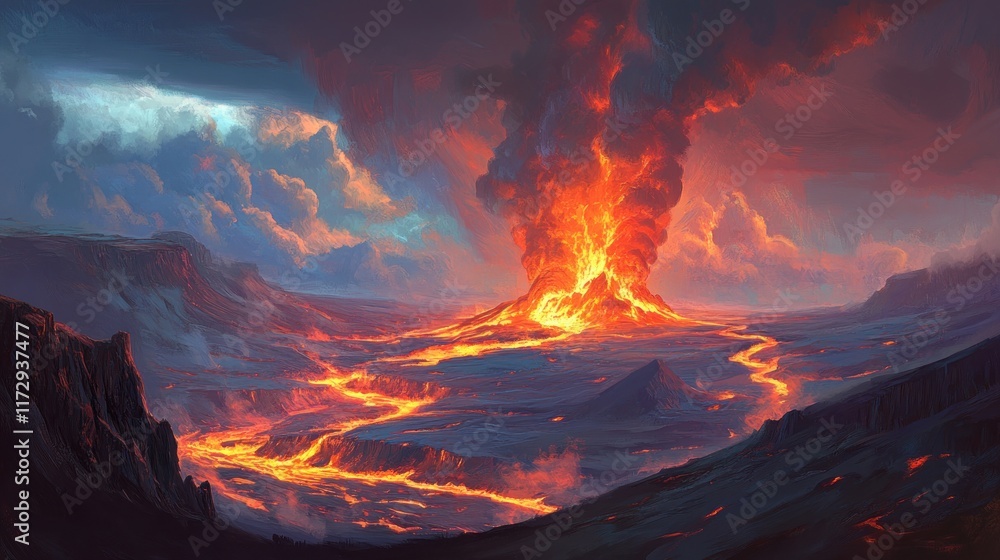 Volcanic eruption at sunset, fiery lava flows across landscape. Volcanic eruption at sunset, fiery lava flows across landscape.