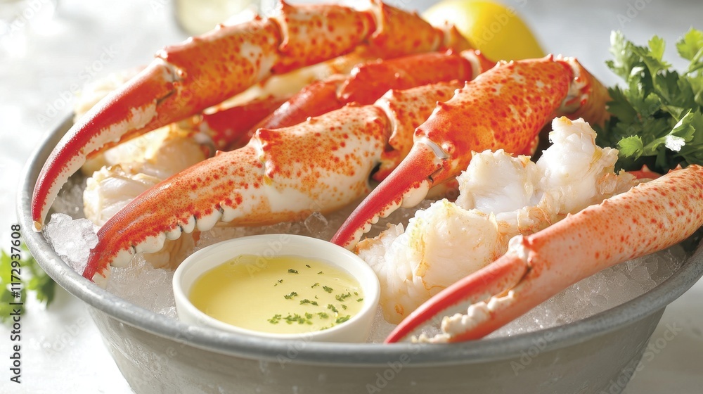 A bucket of lobster tails and crab legs, served on ice with a side of lemon butter dipping sauce. A bucket of lobster tails and crab legs, served on ice with a side of lemon butter dipping sauce.