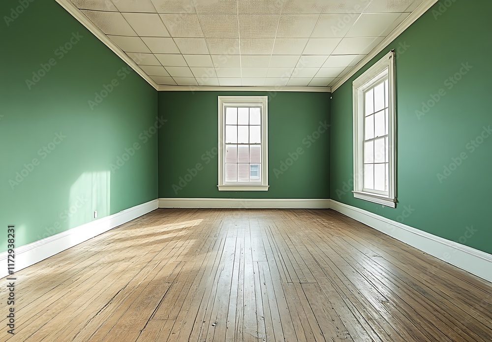 Obraz premium Empty green room with hardwood floors.