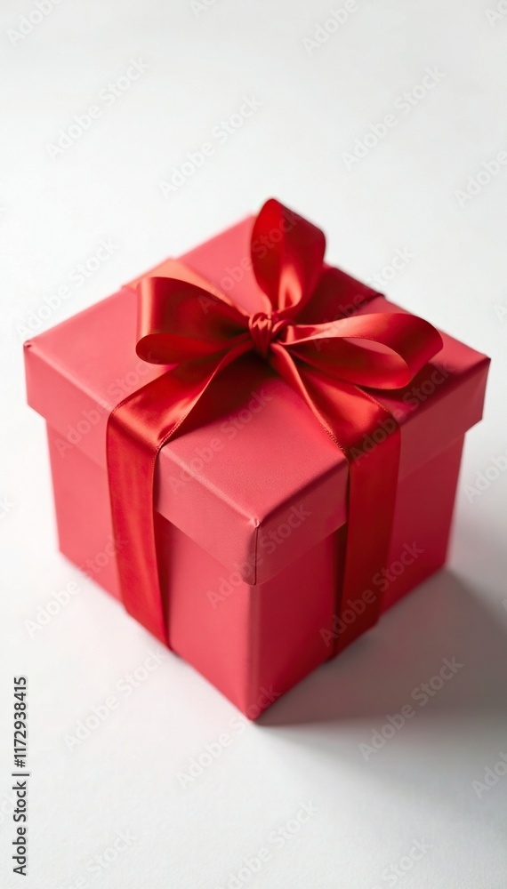 Elegant red gift box on white background with red ribbon tied tightly around it, present, red bow Elegant red gift box on white background with red ribbon tied tightly around it, present, red bow