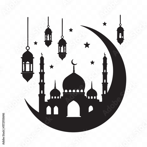 Black silhouette of a Islamic mosque and crescent with lanterns isolated on white background