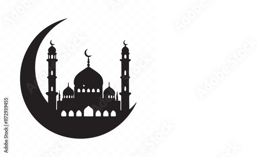 Black silhouette of a Islamic mosque and crescent with lanterns isolated on white background