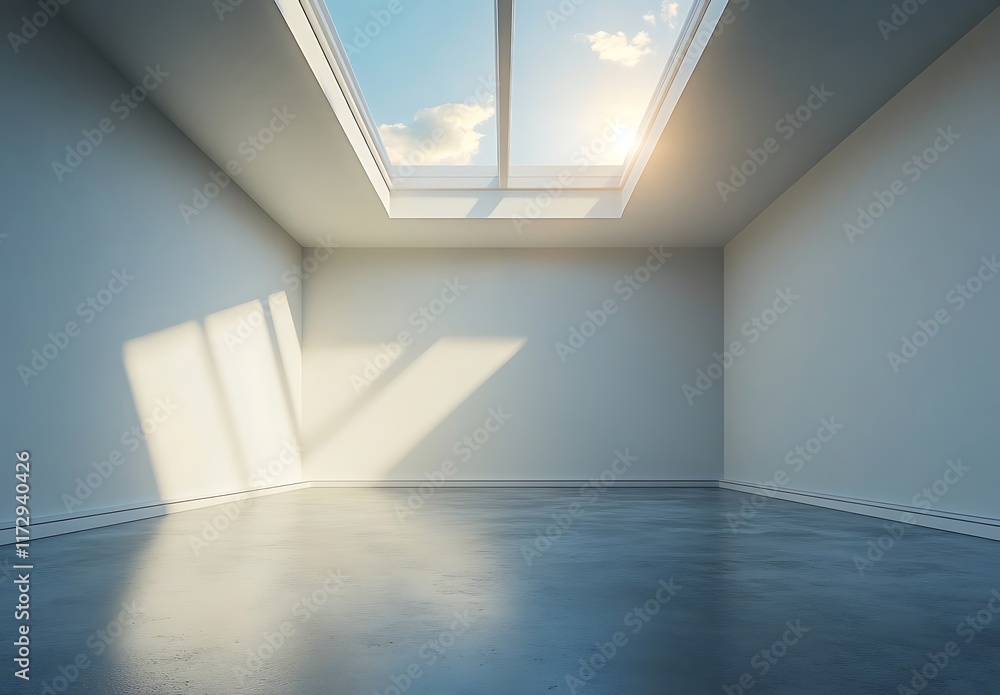 Empty room with skylight, sunlit floor, minimalistic interior. Empty room with skylight, sunlit floor, minimalistic interior.