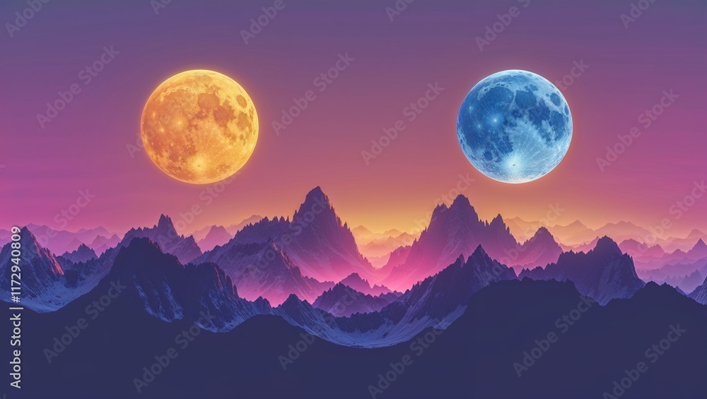 Surreal landscape with moon and sun over a colourful mountain range Surreal landscape with moon and sun over a colourful mountain range