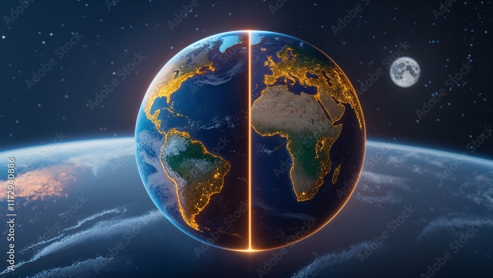 Earth with glowing split line in space with moon in background Earth with glowing split line in space with moon in background
