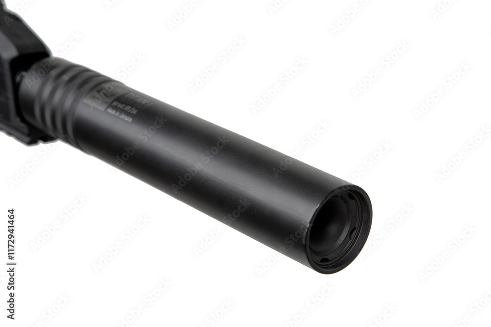 A modern black PCC (Pistol Caliber Carbine) with a suppressor, tactical rails, and adjustable stock, isolated on a white background, ideal for military. A modern black PCC (Pistol Caliber Carbine) with a suppressor, tactical rails, and adjustable stock, isolated on a white background, ideal for military.