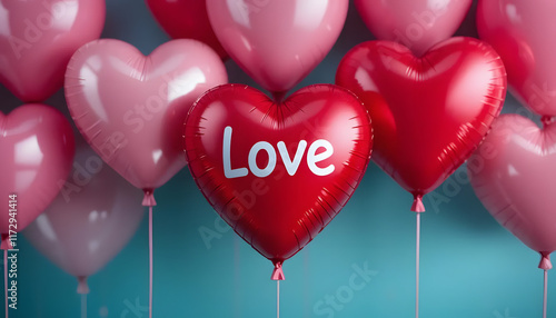 Colorful heart-shaped balloons with "Love" text, festive decoration, romantic atmosphere, copy space