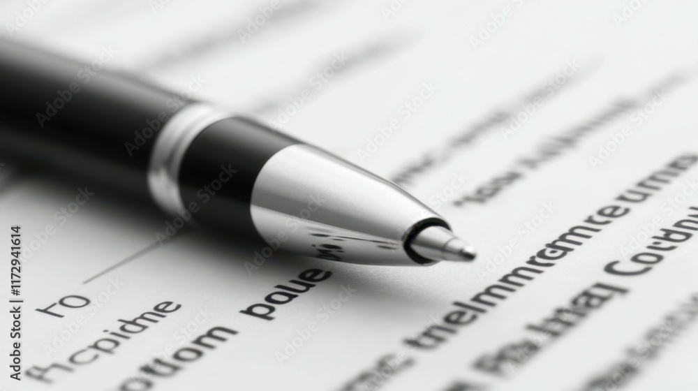 A close-up of a ballpoint pen, with a smooth, sleek design, placed on top of a document awaiting review. A close-up of a ballpoint pen, with a smooth, sleek design, placed on top of a document awaiting review.