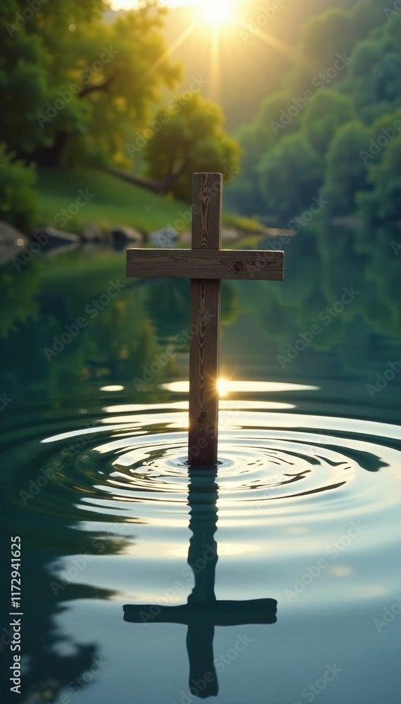 Naklejka premium Ripples on a lake surface with upright wooden cross, tranquility, spirituality, nature