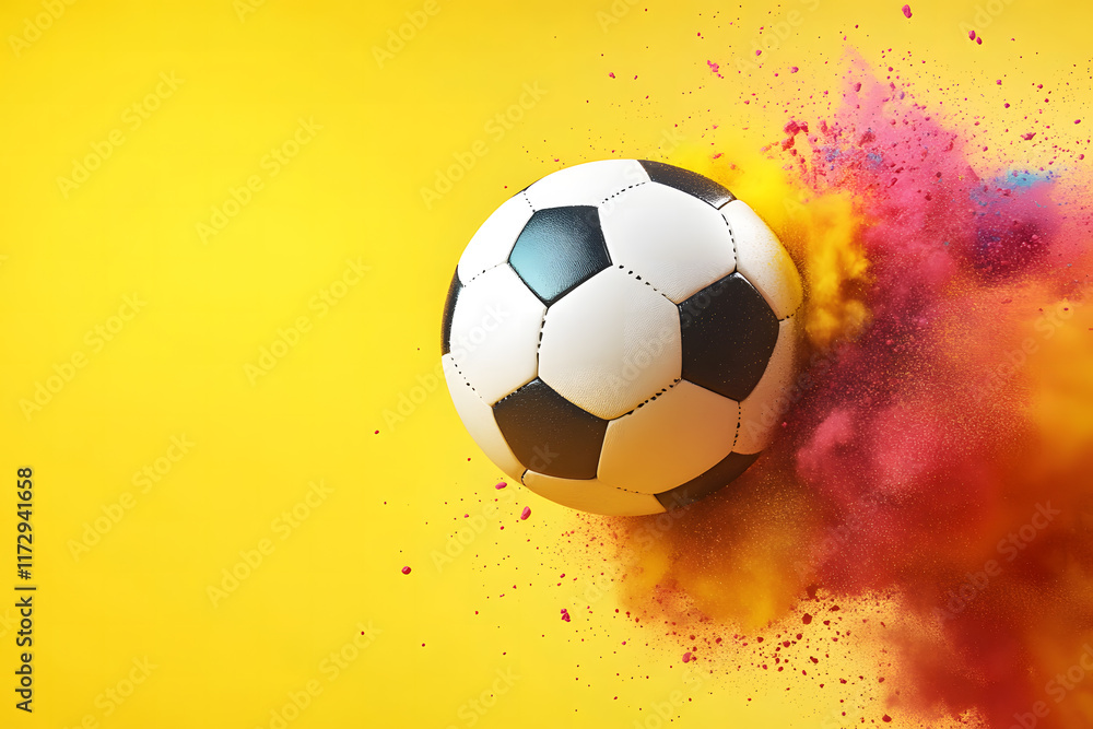 Naklejka premium Soccer Ball with Colorful Powder Explosion on Yellow Background