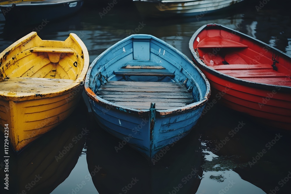 Three boats at the harbor. The boat on the left is yellow, the one in the middle is blue, and the boat on the right is red Three boats at the harbor. The boat on the left is yellow, the one in the middle is blue, and the boat on the right is red