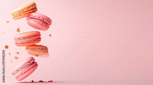 Five colorful macarons falling gracefully against a pink background, scattering crumbs and creating a visually striking arrangement perfect for showcasing sweet treats and desserts photo