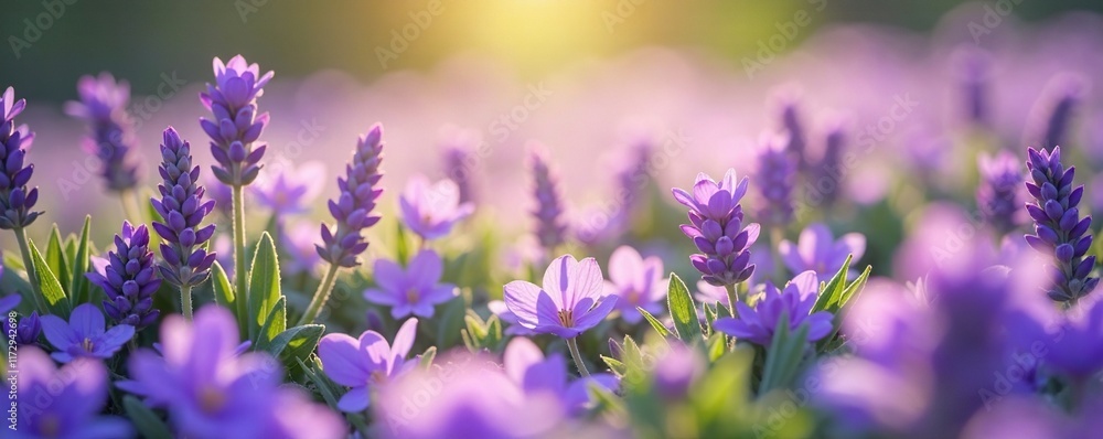 Naklejka premium Soft lavender petals scattered on a serene meadow, purple flowers, distorted perspective