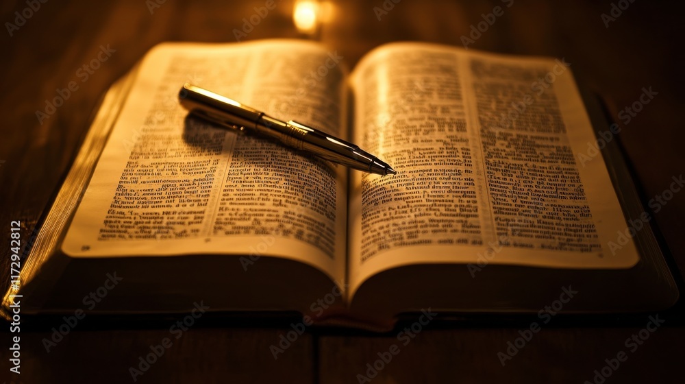 Obraz premium A close-up of a pen laying on top of an open book, with the pages turning gently in the background, symbolizing knowledge.