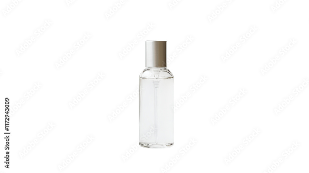 A Small Clear Spray Bottle with a Silver Cap Perfect for Travel, Personal Care, and Home Use in Various Applications. A Small Clear Spray Bottle with a Silver Cap Perfect for Travel, Personal Care, and Home Use in Various Applications.
