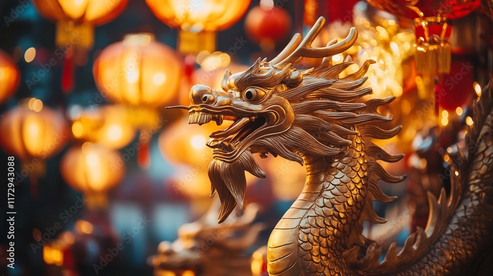 Fototapeta premium Golden dragon statue, illuminated by lanterns, festive atmosphere.