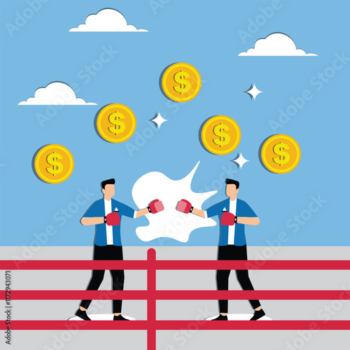 Conflict, forceful problem solving, professional or business rivalry, challenging difficulties and problems, two businessmen in boxing gloves grappling