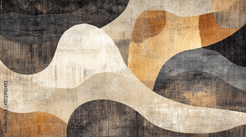 A minimalist Japandi-style wall art piece featuring muted earth tones and natural elements, creating a serene and calming atmosphere.

