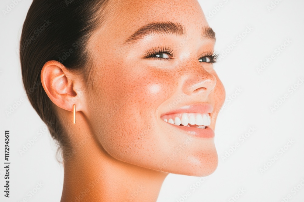 Women's day appreciation concept. Smiling woman with natural beauty and glowing skin profile shot. Women's day appreciation concept. Smiling woman with natural beauty and glowing skin profile shot.