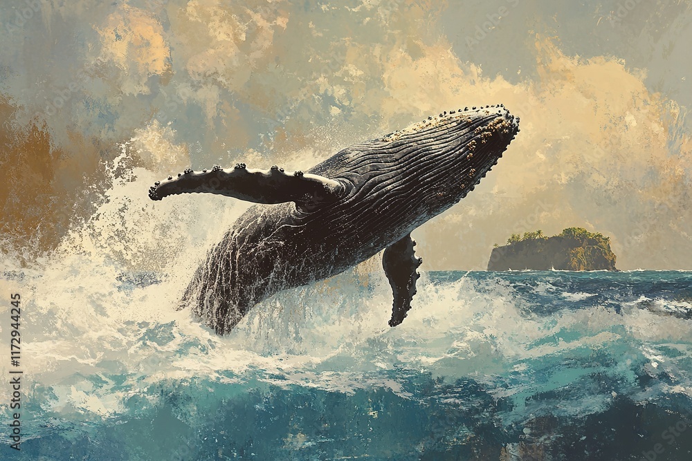Obraz premium Majestic whale breaching waves under dramatic sky, showcasing na