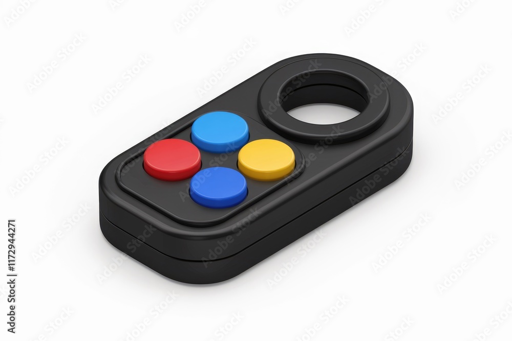 A black four-button handheld device with a finger ring, possibly a toy or controller. A black four-button handheld device with a finger ring, possibly a toy or controller.