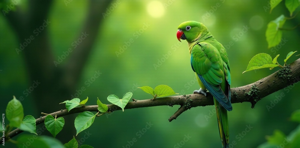 Obraz premium Vines entwined elegant green parrot sits serene majestic on tree branch, serene, green, forest