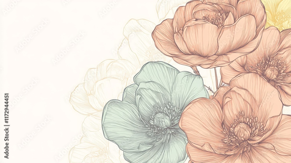 Fototapeta premium Delicate floral illustration featuring soft colors and intricate linework.
