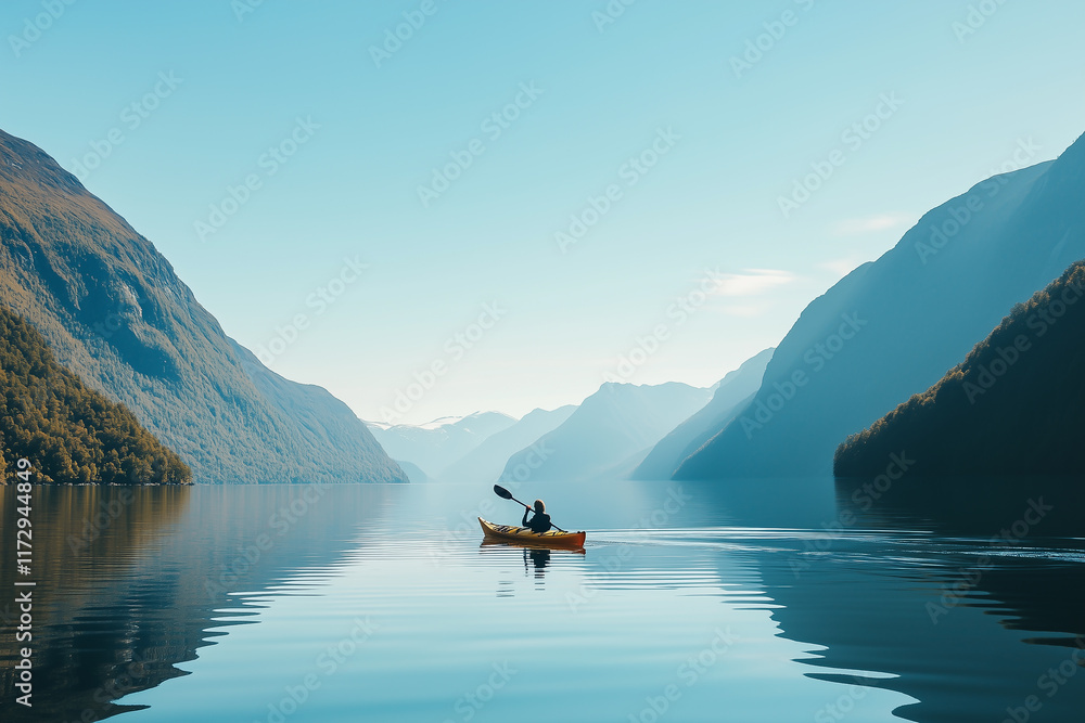 Peaceful lake surrounded by mountains, with a person kayaking in the calm waters under a clear blue sky. Generative AI Peaceful lake surrounded by mountains, with a person kayaking in the calm waters under a clear blue sky. Generative AI