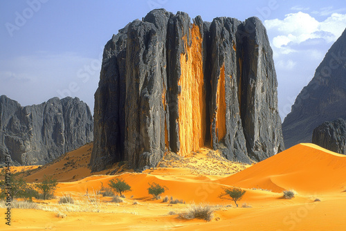 Black rock spire with ochre streak in sandy Sahara desert landscape photo