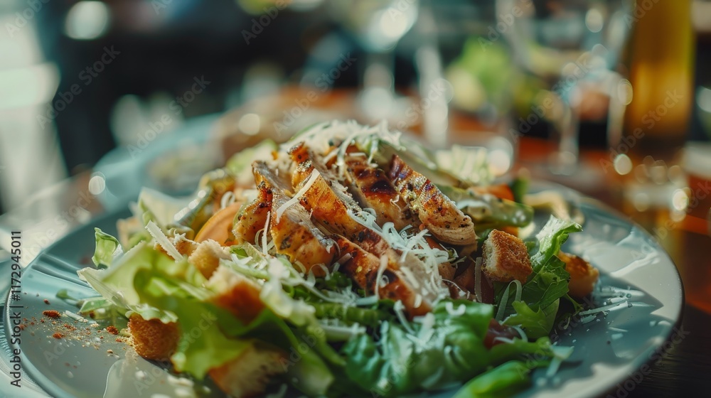 Artfully arranged caesar salad with grilled chicken, vibrant lettuce, croutons, and parmesan Artfully arranged caesar salad with grilled chicken, vibrant lettuce, croutons, and parmesan