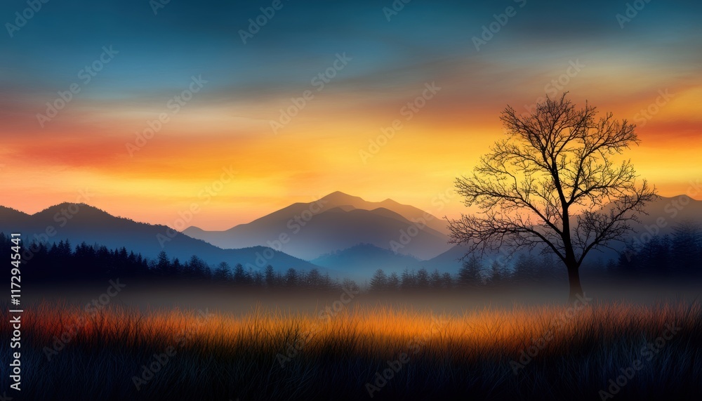 Fototapeta premium A breathtaking landscape at twilight, showcasing silhouetted mountains and a barren tree against a vibrant sky.