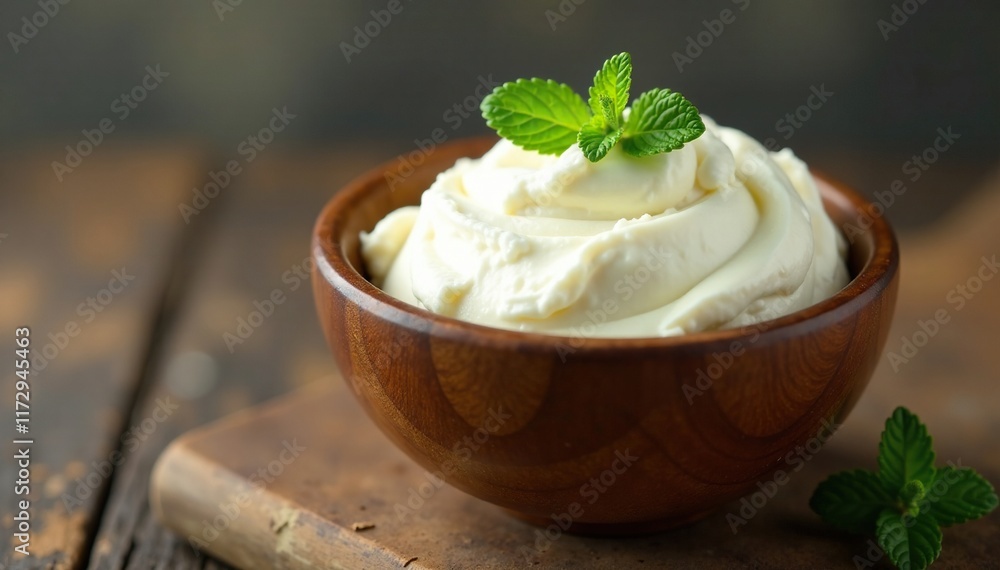 Wooden bowl filled with soft and smooth cream cheese topped with a sprig of fresh mint and placed on a worn wooden counter, vintage decor, cream cheese Wooden bowl filled with soft and smooth cream cheese topped with a sprig of fresh mint and placed on a worn wooden counter, vintage decor, cream cheese