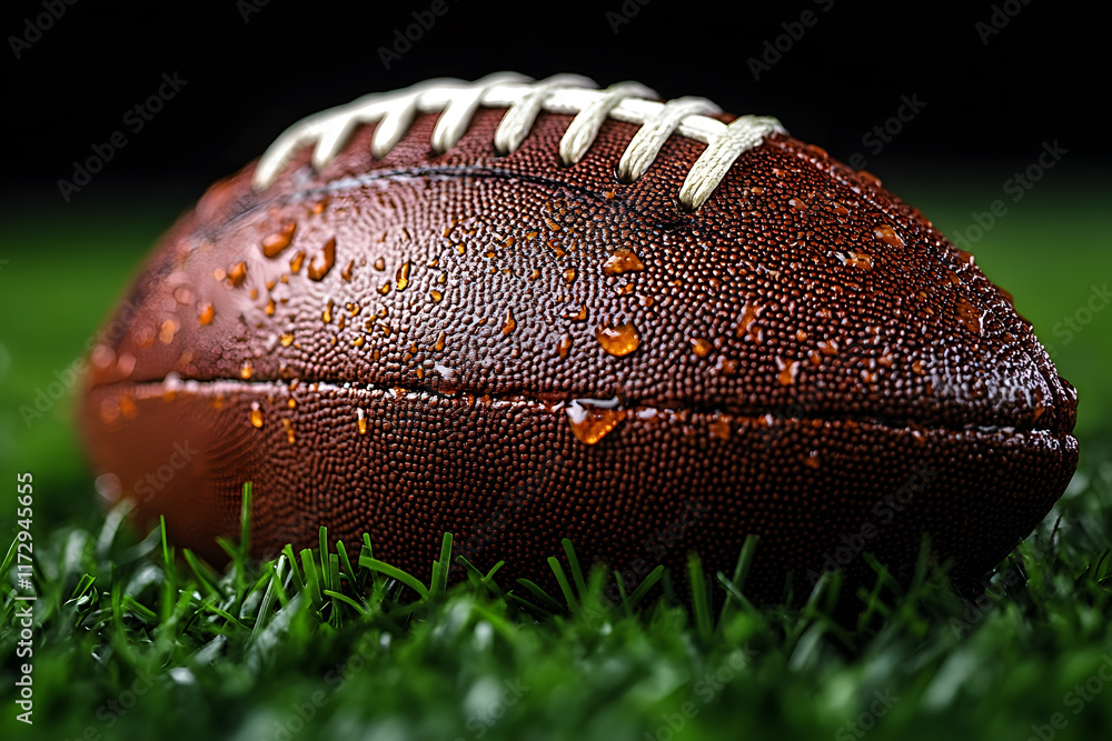 Obraz premium American Football on Green Grass with Black Background