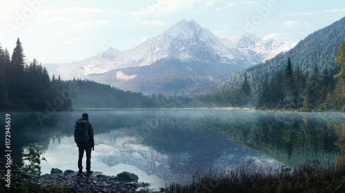 Serene Mountain Lake Reflection: A Hiker's Tranquil Moment