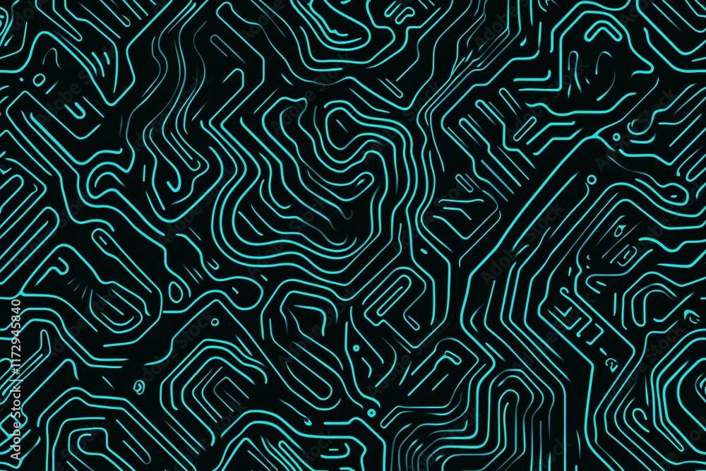 Obraz premium Abstract close-up of a glowing blue digital circuit board, showcasing intricate connections and technological design on a black background.