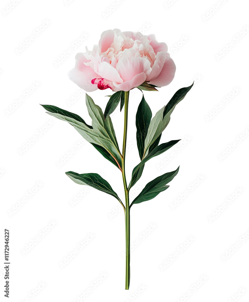 Fototapeta premium pink peony flower with stem on a white background