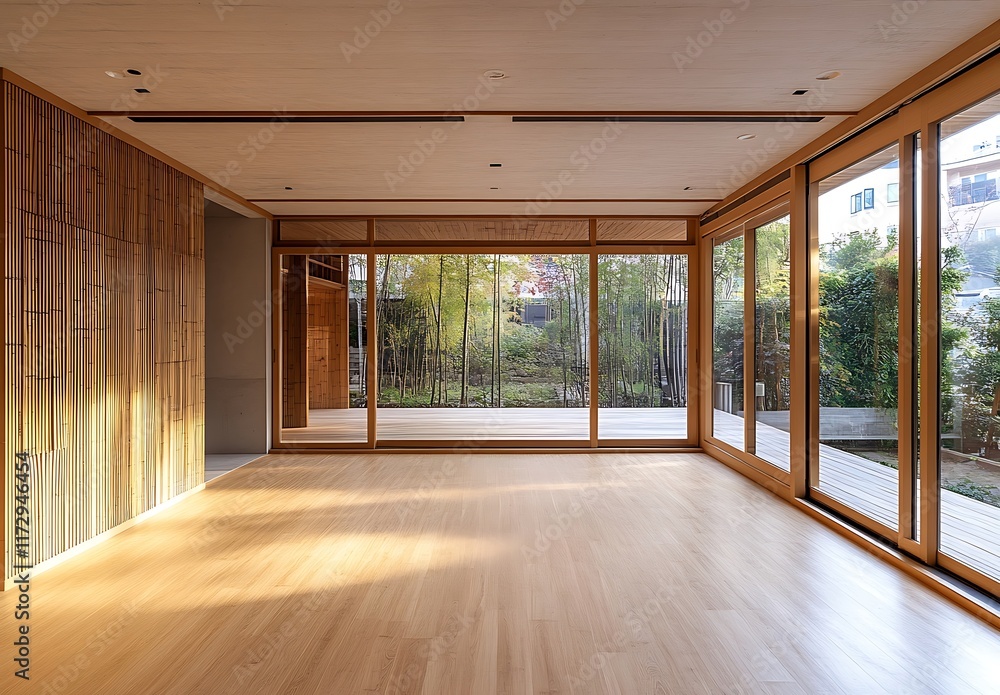 Fototapeta premium Minimalist Bamboo and Wood Interior with Garden Views