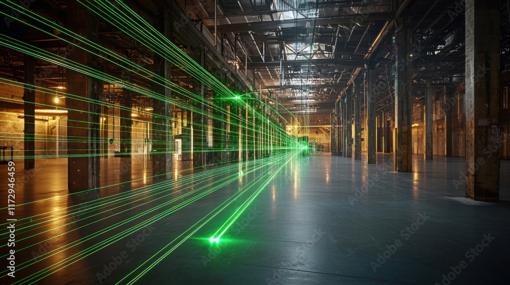 Obraz premium Precision Alignment with Green Laser Lines in Warehouse Structure Installation
