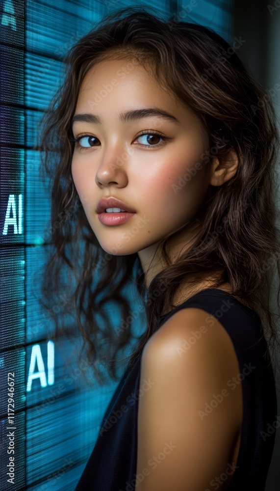 Fototapeta premium Young Woman, AI Letters, And Digital Background A Modern Portrait Exploring Technology Concepts.