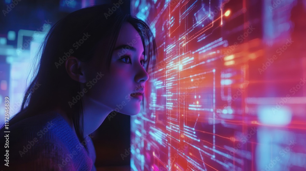 Woman engrossed in holographic display. Woman engrossed in holographic display.