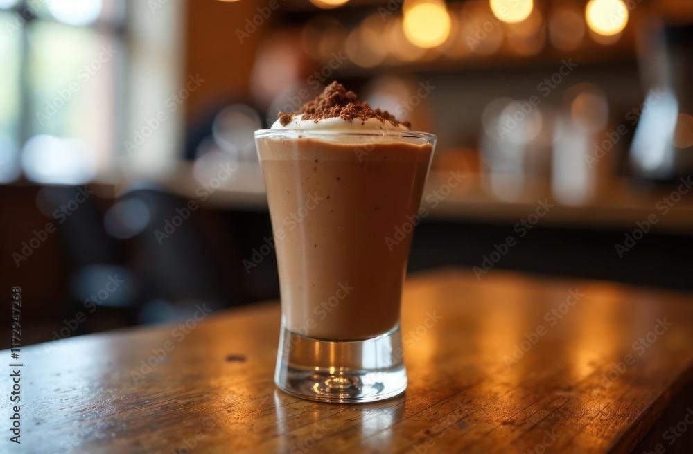 indulgent chocolate milkshake topped with whipped cream, chocolate flakes on rustic wooden table in cozy ambient cafe. cafe dessert menu poster indulgent chocolate milkshake topped with whipped cream, chocolate flakes on rustic wooden table in cozy ambient cafe. cafe dessert menu poster
