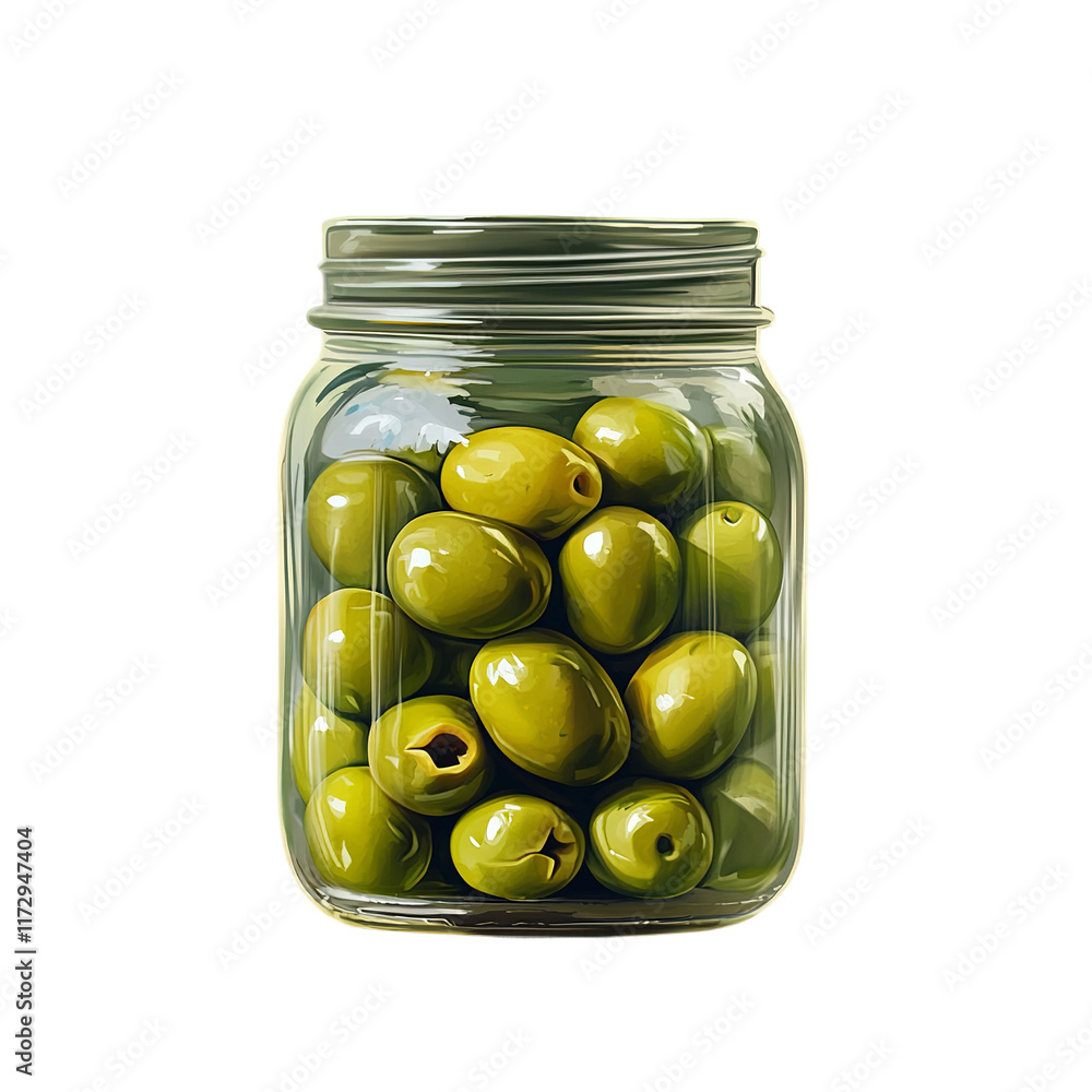 Green Olives in Jar: A close-up shot captures a jar of vibrant, green olives, perfectly preserved and ready to add a touch of Mediterranean zest to any culinary creation.