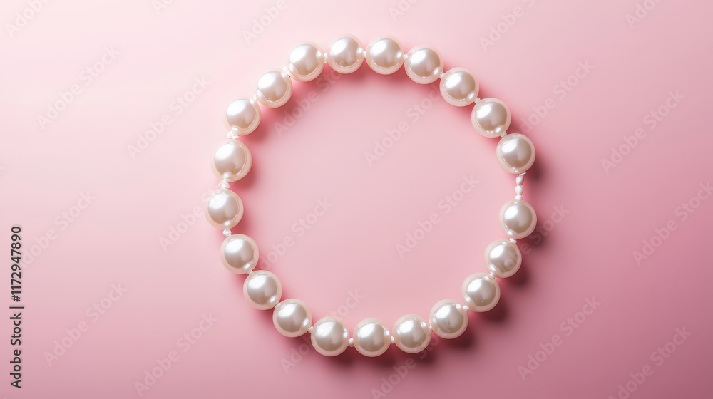 Obraz premium Pearl necklace arranged in a circle, soft pink backdrop