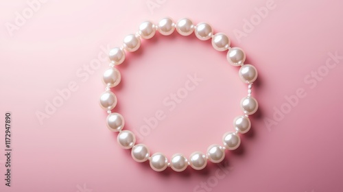 Pearl necklace arranged in a circle, soft pink backdrop