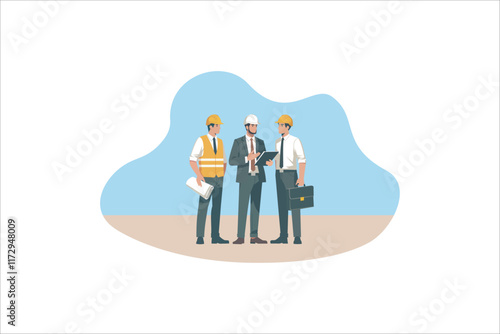 Illustration architect and construction worker foreman discussing at the project site. Vector illustration.