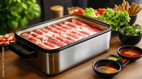 A cozy shabu pork pan setup with an array of dipping sauces and neatly arranged fresh ingredients.