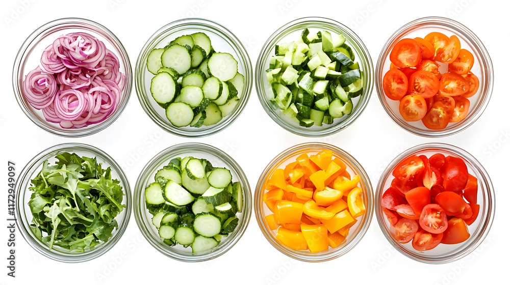Fresh Chopped Vegetables in Glass Bowls on White Background Fresh Chopped Vegetables in Glass Bowls on White Background