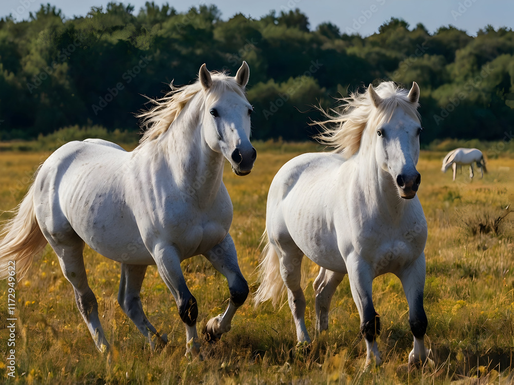 White Horses: The presence and behavior of white horses in open grassland habitats, focusing on their elegance and herd dynamics. White Horses: The presence and behavior of white horses in open grassland habitats, focusing on their elegance and herd dynamics.