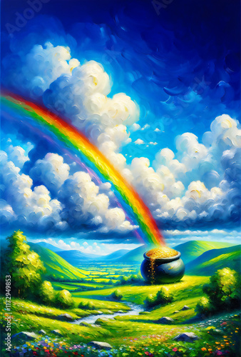 Magical Rainbow Ending in a Pot of Gold in a Vibrant Countryside Landscape with Blue Sky and Clouds